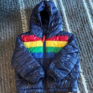 Primary Navy Puffer Jacket with Rainbow Stripes